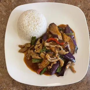 Basil eggplant with pork over rice (lunch)