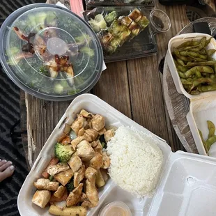 Ungai Bowl, chicken Hibachi Chicken, Spicy Garlic Edamame, Salmon Avocado Roll, Rainbow Roll, Dragon Roll
