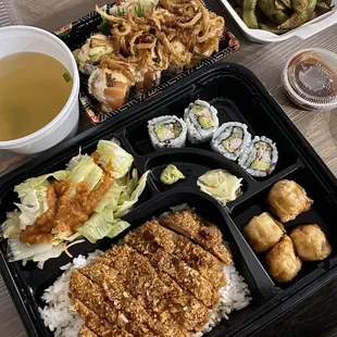 Pork Katsu Bento Box, crazy salmon roll, spicy garlic Edamame