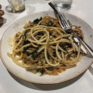 TOASTED BUCATINI Sweet Potato, Local Mushroom Ragu, Kale, Pecorino Breadcrumbs