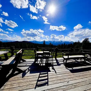 picnic tables on a deck