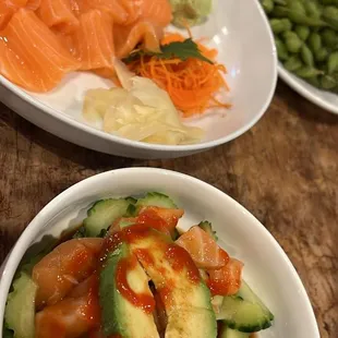 Salmon sashimi, edamame, and spicy salmon Salad