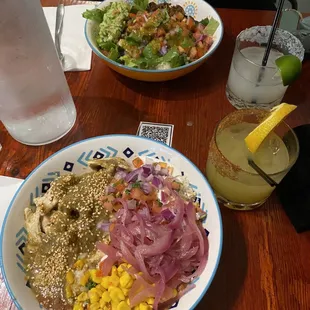 Chicken verde burrito Bowl, Spicy Orange Margarita