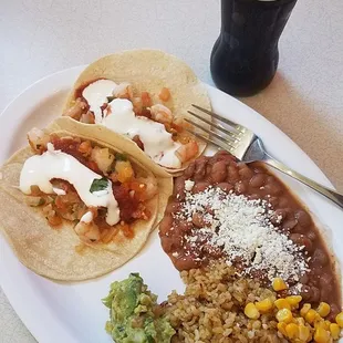 Fish Tacos w/Refried Beans &amp; Corn: a balanced flavor of fresh fish w/ Mexican flavorings.