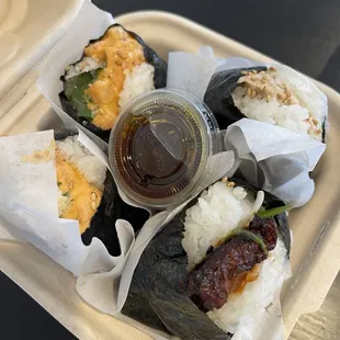 Spicy salmon, tuna mayo, pork belly