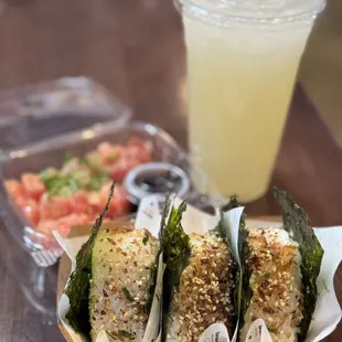 Spicy tuna, honey walnut shrimp, and pork belly onigiri  Lychee lemonade and spicy tuna poke