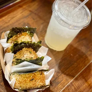 honey walnut prawn, pork belly, spicy salmon + lychee lemonade