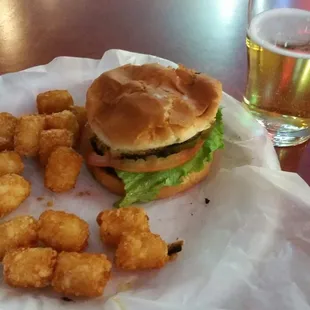 Bowling alley burger and tots.