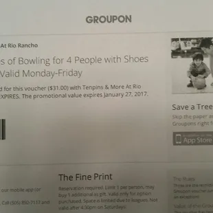 A great Groupon.  Two games, four sets of shoes, and $10 of food for 4 people.