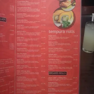the menu for the restaurant