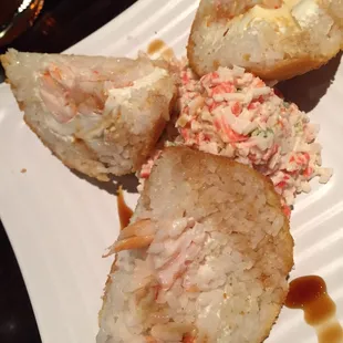 Dragon Ball appetizer - an overly large ball of rice with cream cheese, shrimp, &amp; tampico