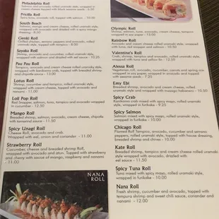 sushi and sashimi, menu