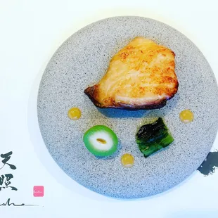 Appetizer: Grilled fish, Black cod, Young peach