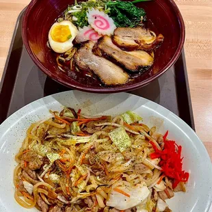 a bowl of noodles and a bowl of meat