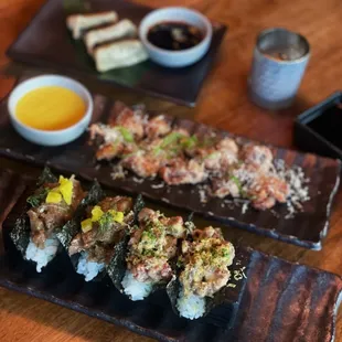 Wagyu Tartare and Negitoro Handrolls Crispy Baby Octopus Pork Gyoza