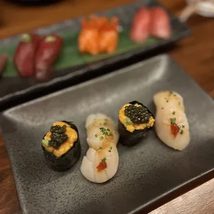 Santa Barbara uni, scallop, toro and salmon