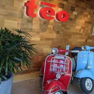 a row of scooters in front of a teo sign