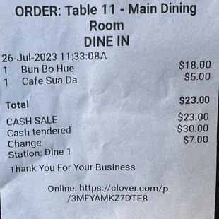 Quick in and out lunch, receipt for nostalgia because on July 28, 2015:  Bun Bo Hue was $10.50 and Cafe Sua Da was $3!