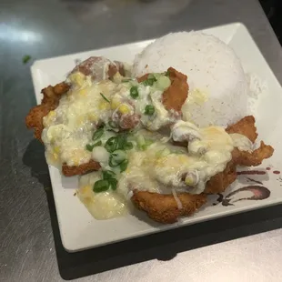 Corn sauce over fried fish filet