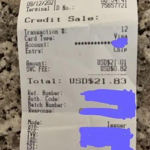 Other receipt shown only amount of charge including SVC FEE.