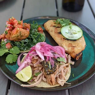 Tempura Avocado, shrimp, carnitas tacos