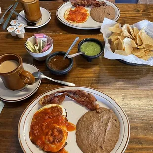 Huevos Rancheros are the bomb here.  The refried beans taste like they do in Mexico. Very authentic