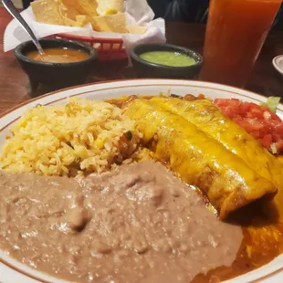 Enchiladas Rojas, beef fajitas