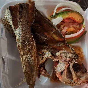 Fried Snapper, rice, and salad