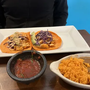 Tacos beans/ice and half bowl of their starter salsa dip