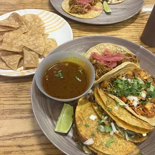 Quesabirria (fireee!!!), cauli taco, cochinita pibil taco, chips