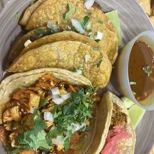 Quesabirria (x2), cauliflower taco, cochinita pibil taco
