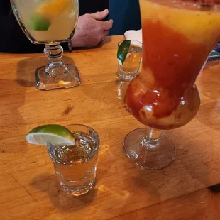 Tequila shots, mango chamoy Margarita and a Cadillac Margarita