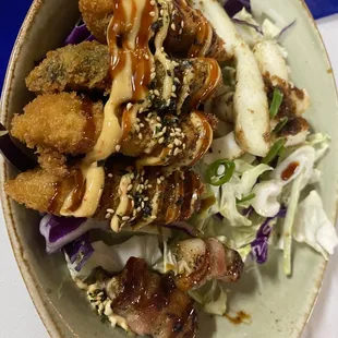 Crunchy salmon calamari crunchy pork ribs