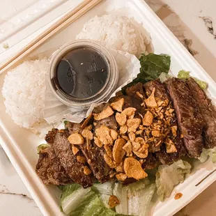 New York Steak plate with Garlic Chips and Ponzu sauce