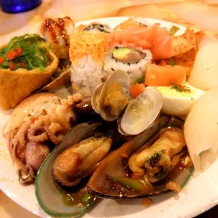 muscles, octopus, sushi, etc