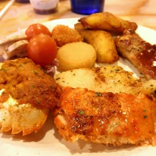 stuffed crab shell, salmon, fried scallop, sweet potato rice ball, plantains, etc