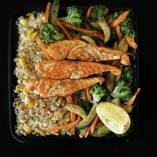 Salmon with fried rice and veggies