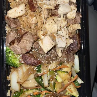 Filet Mignon &amp; Chicken King Combination Plate with fried rice.