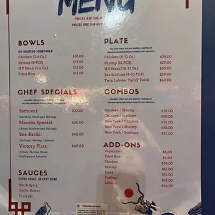 Menu and Prices as of November 9, 2022