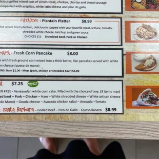 Menu. I ordered the capatcha and beef arepa
