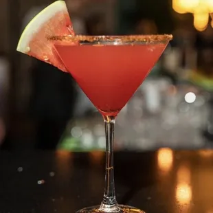 a watermelon in a martini glass