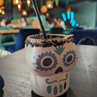 Charro de Jalisco a mezcal drink served in a fun glass. Yummy!