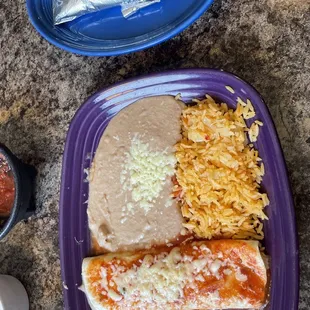 Lunch special (bean burrito, chicken taco, rice, and beans)