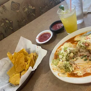 Complementary nachos and salsa with the smothered veggie burrito.
