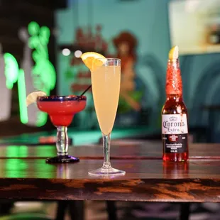 strawberry margarita, mimosa, corona sunrise