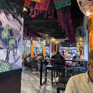 Colorful decor with wall murals.