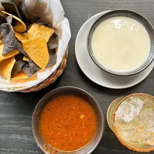 complimentary chips &amp; salsa + queso + spicy margarita