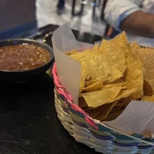 Warm chips and tasty salsa are standard.