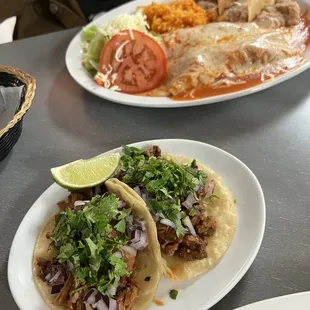 Enchilada California Platter, carne asada taco, carnitas taco