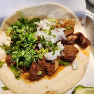 a taco with meat and onions
